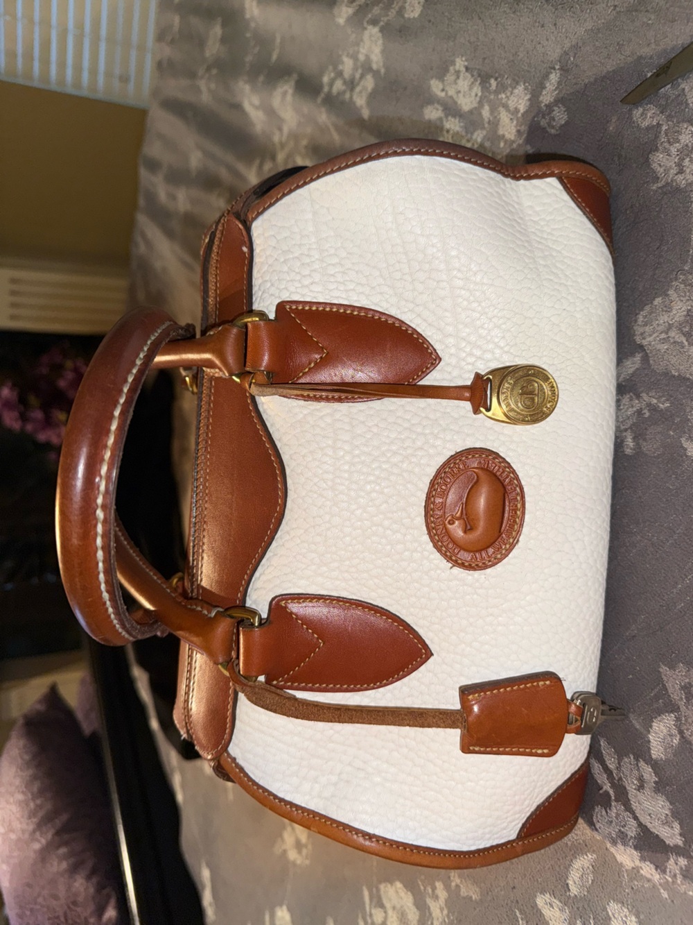 White Pebbled Leather Satchel with Brown Trim
